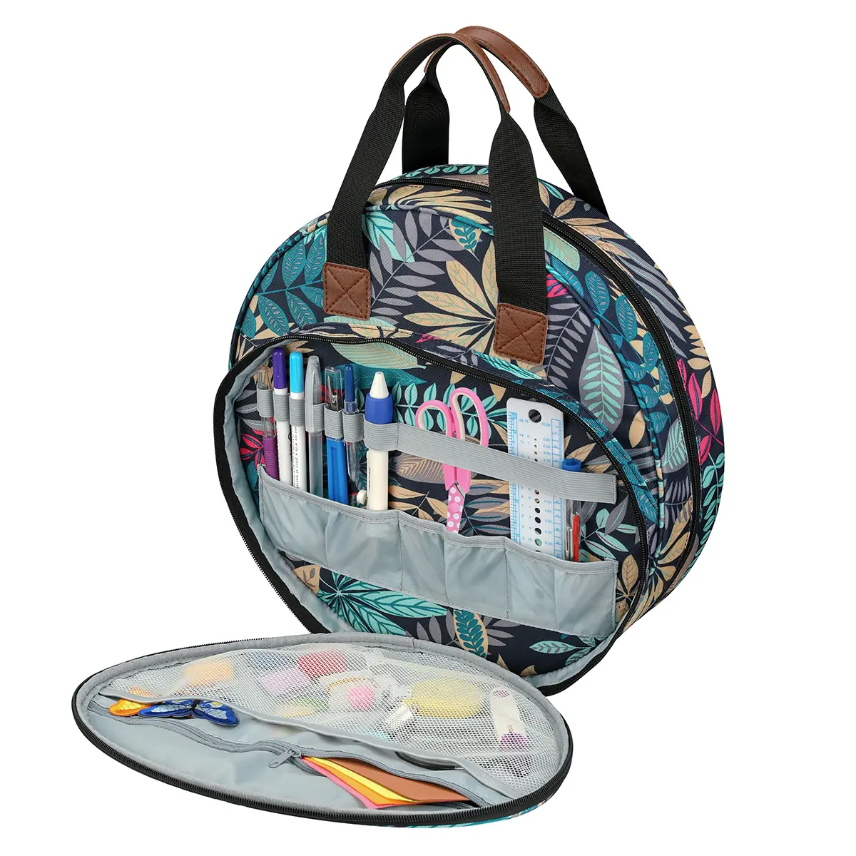 Embroidery Thread Bag with Maple Leaves Round Embroidered Circle Bag Blue Color Knitting Tote Bag Sewing Accessories