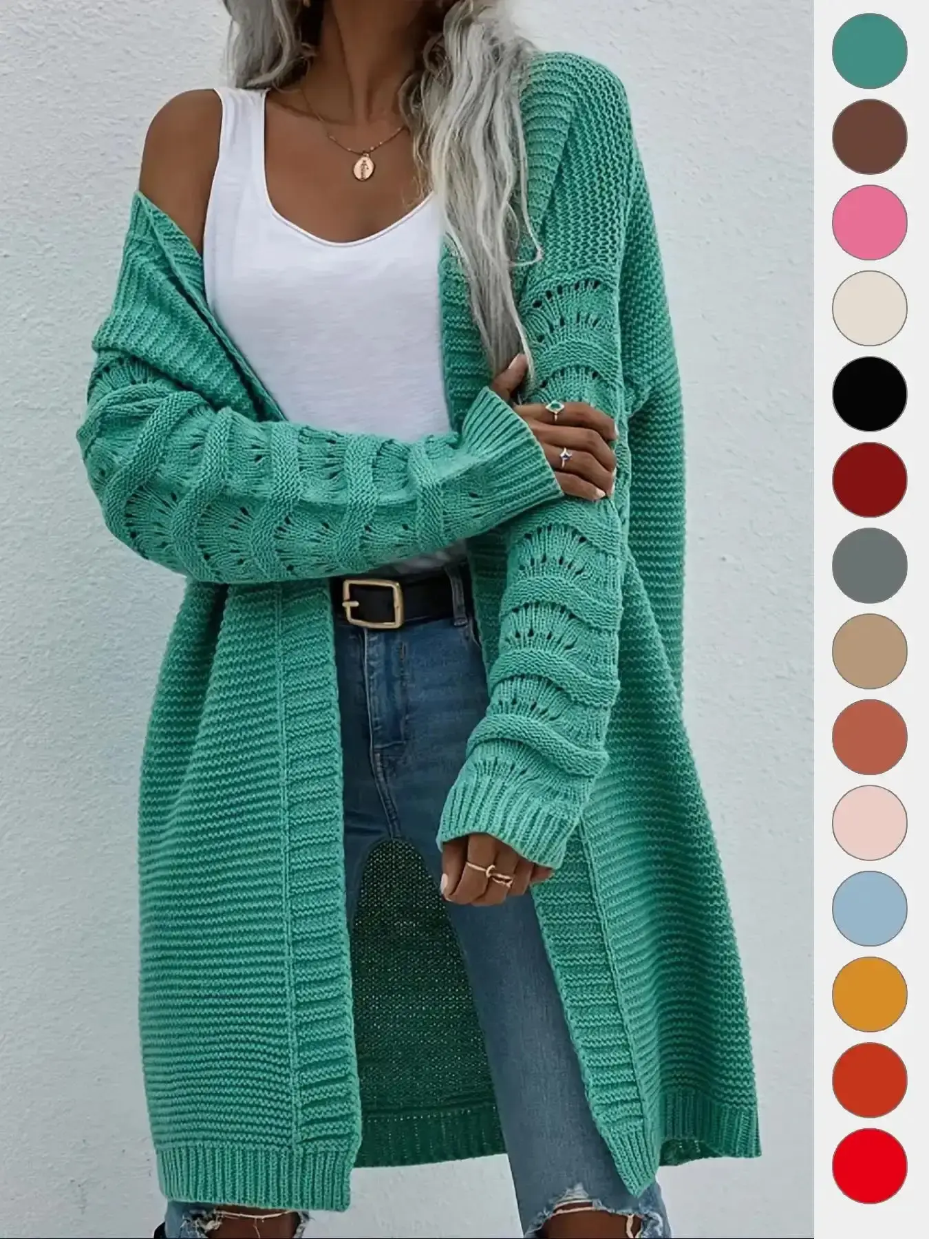 New Long Knit Cardigan for Women, Casual Plain Solid Design, Fitted Style, Fall & Winter, Trendy Outerwear classic fit beach ready all season wear closet staple layering piece everyday basic