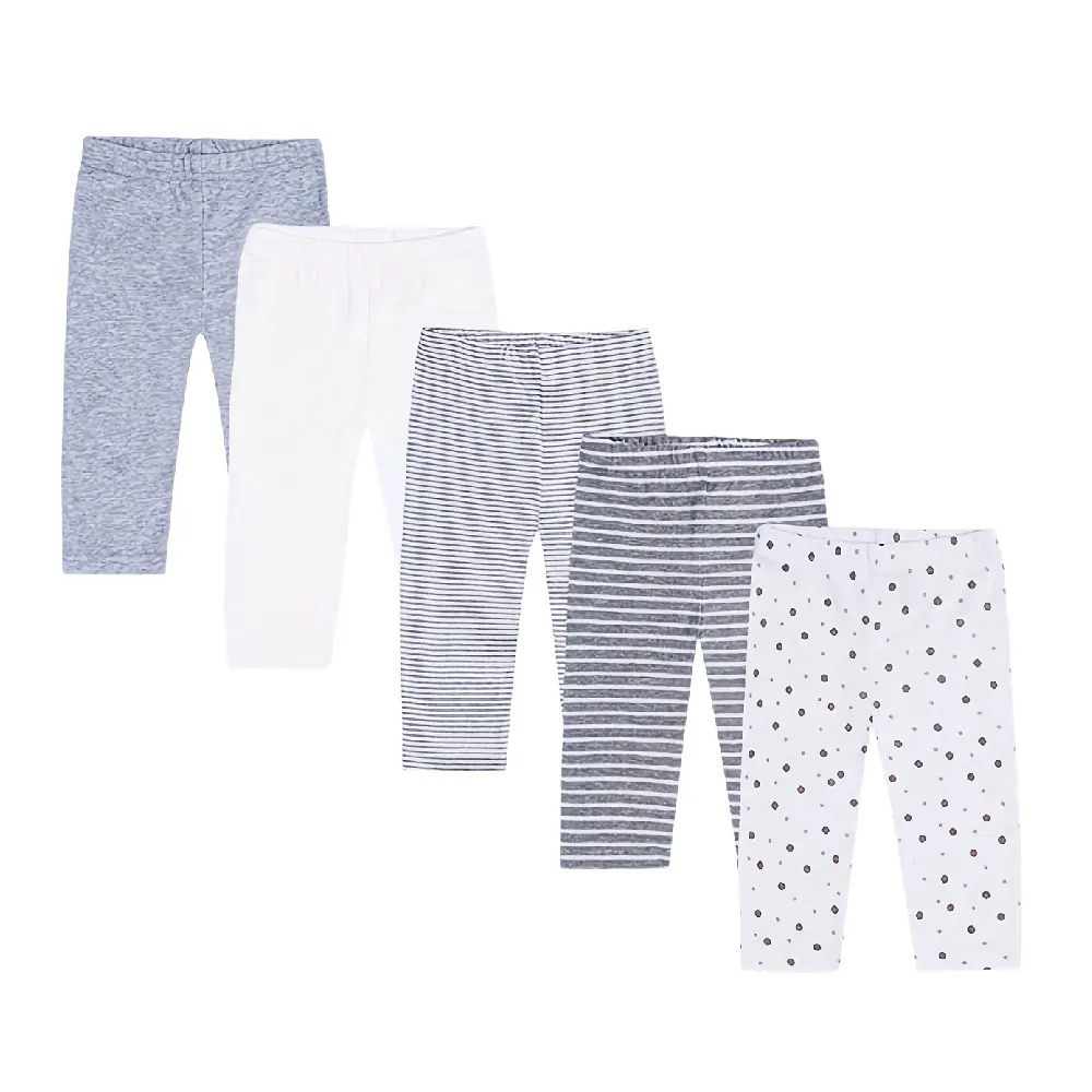 JY.COZY FOR BABY Unisex 5-Piece 100% Organic Cotton Pajama Bottoms Set, Elastic Band Waist Long Pants, 0-12 Months Newborn Home Wear for Napping/Playing, Baby Shower Gift Soft Solid Color