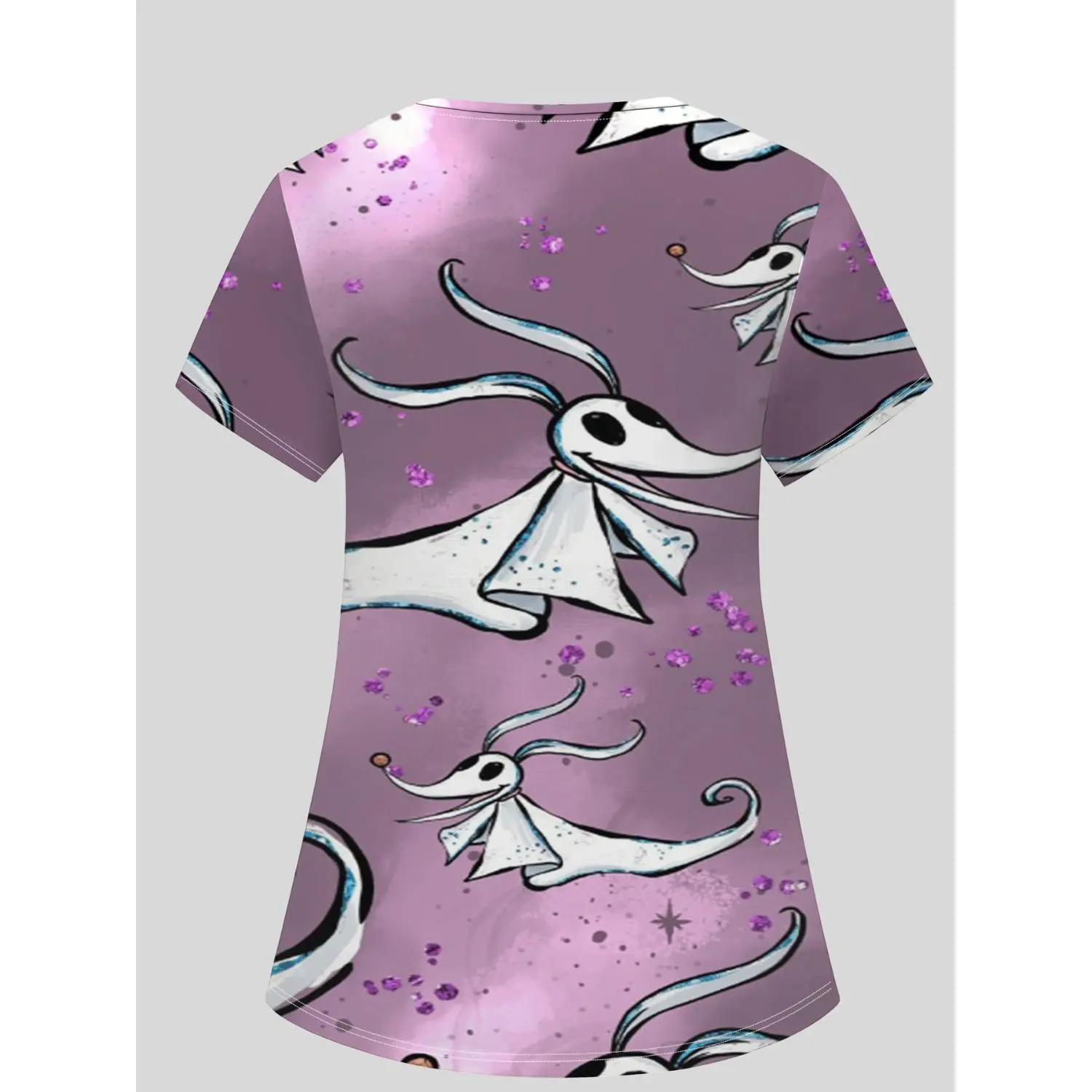 Women's Halloween Skull Print Scrub Top with Pockets, V-Neck, Breathable All-Season Workwear