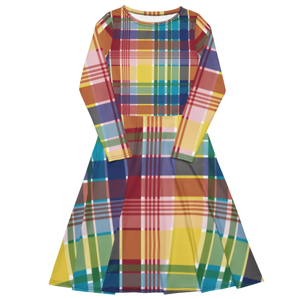VI Madras Midi Dress with Pockets | Long Sleeve Flared Waist Dress