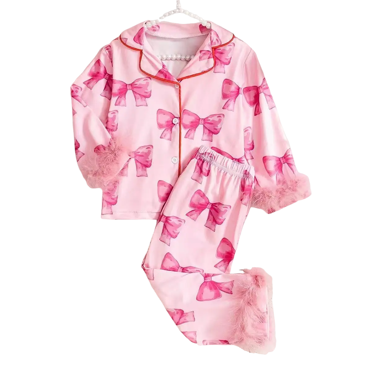 Baby Girl's Cute All Over Print Pyjama Set, Light Stretch Polyester Sleepwear with Lapel Collar, Winter Long Sleeve, Flame Resist., Elastane, Graphic