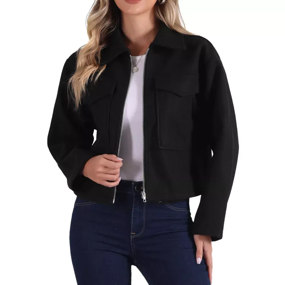 Allegra K Women's Zipper Lapel Collar Two Pockets Long Sleeve Casual Jacket Black X-Small