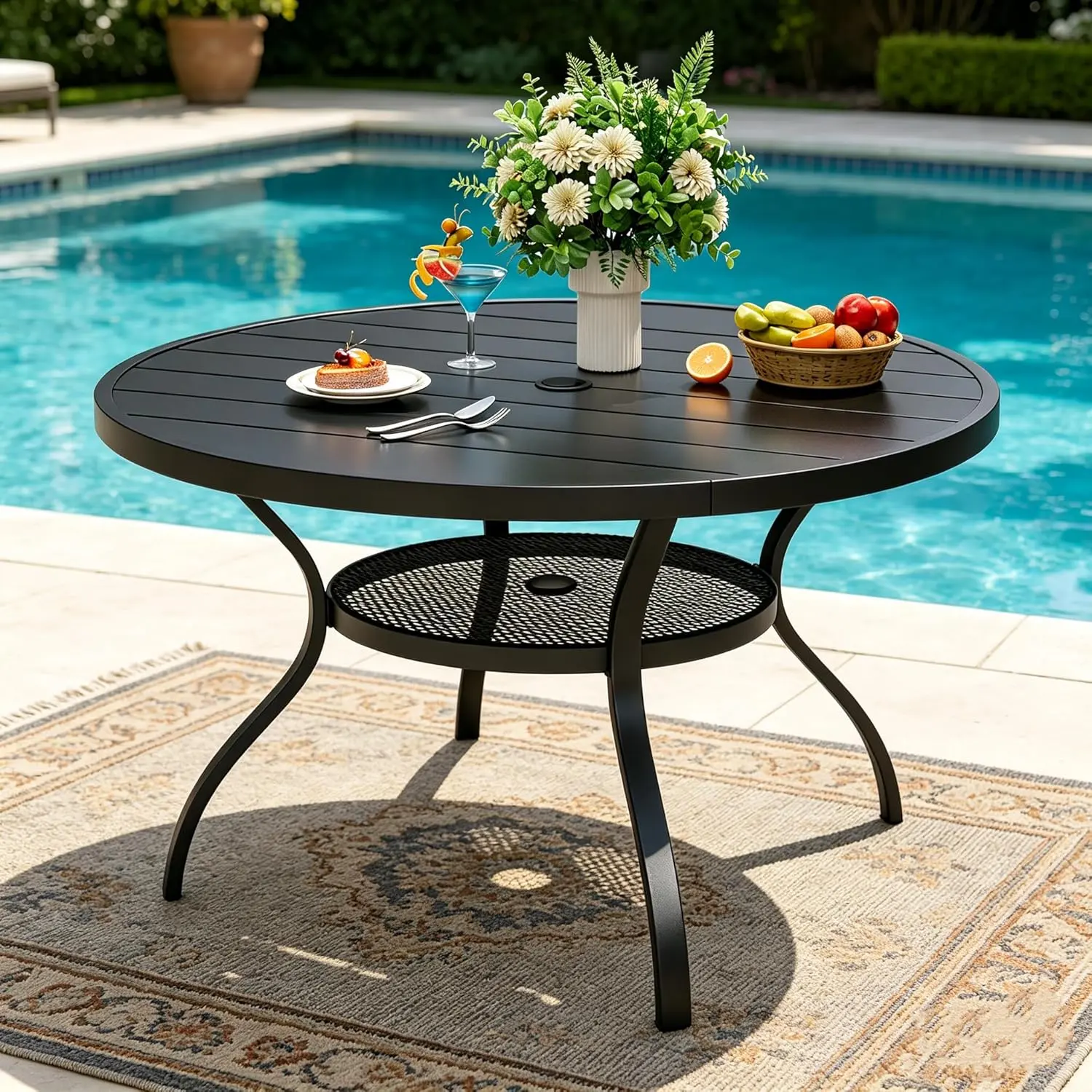 INTERGREAT 42 Inch Round Outdoor Patio Dining Table, All Weather Black Metal Steel Slat Table with 1.5" Umbrella Hole, Weather Resistant Outside Furniture for Lawn Garden Backyard Porch