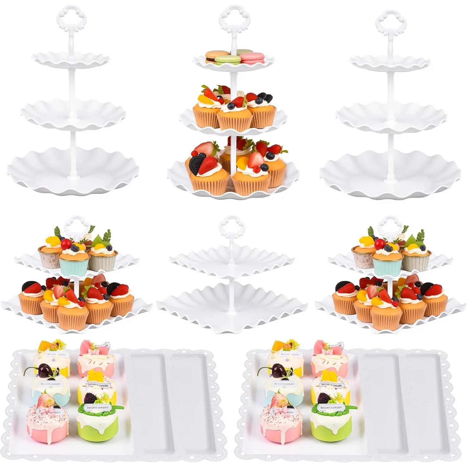 10-Pack Plastic Dessert Stand Set, White Kitchenware Bakeware Cake Decoration Tools, Easy to Clean & Assemble for Weddings, Baby Shower to Display Treats