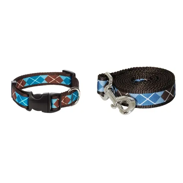Argyle Dog Collar & Leash Set, Blue Brown Preppy Matching Pet Set