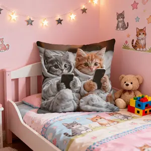 Fun Mobile Phone Cat Print Throw Blanket. Cute Pet Home Decoration Cushion Cover. Trendy Instagram-style Square Throw Blanket.