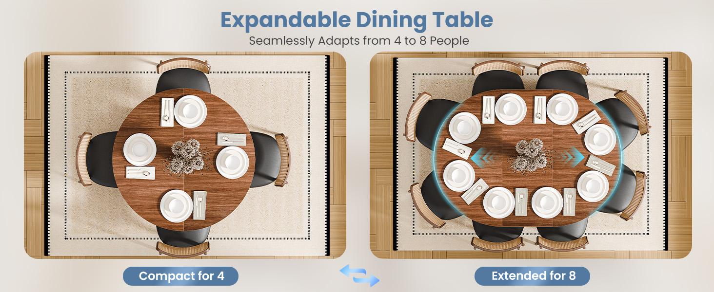 Extendable Round Dining Table for 4-8, Modern Kitchen Oval Dinner Table with Storage Shelf, Wood Pedestal Table, Space Saving Modern Style