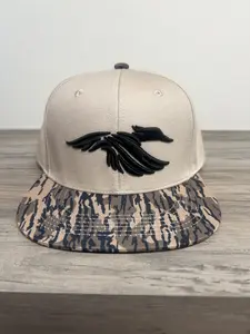 3D Puff Duck Embroidered Design on Natural/ Lowland Camo Riverbed Threads Flat-Bill Hat