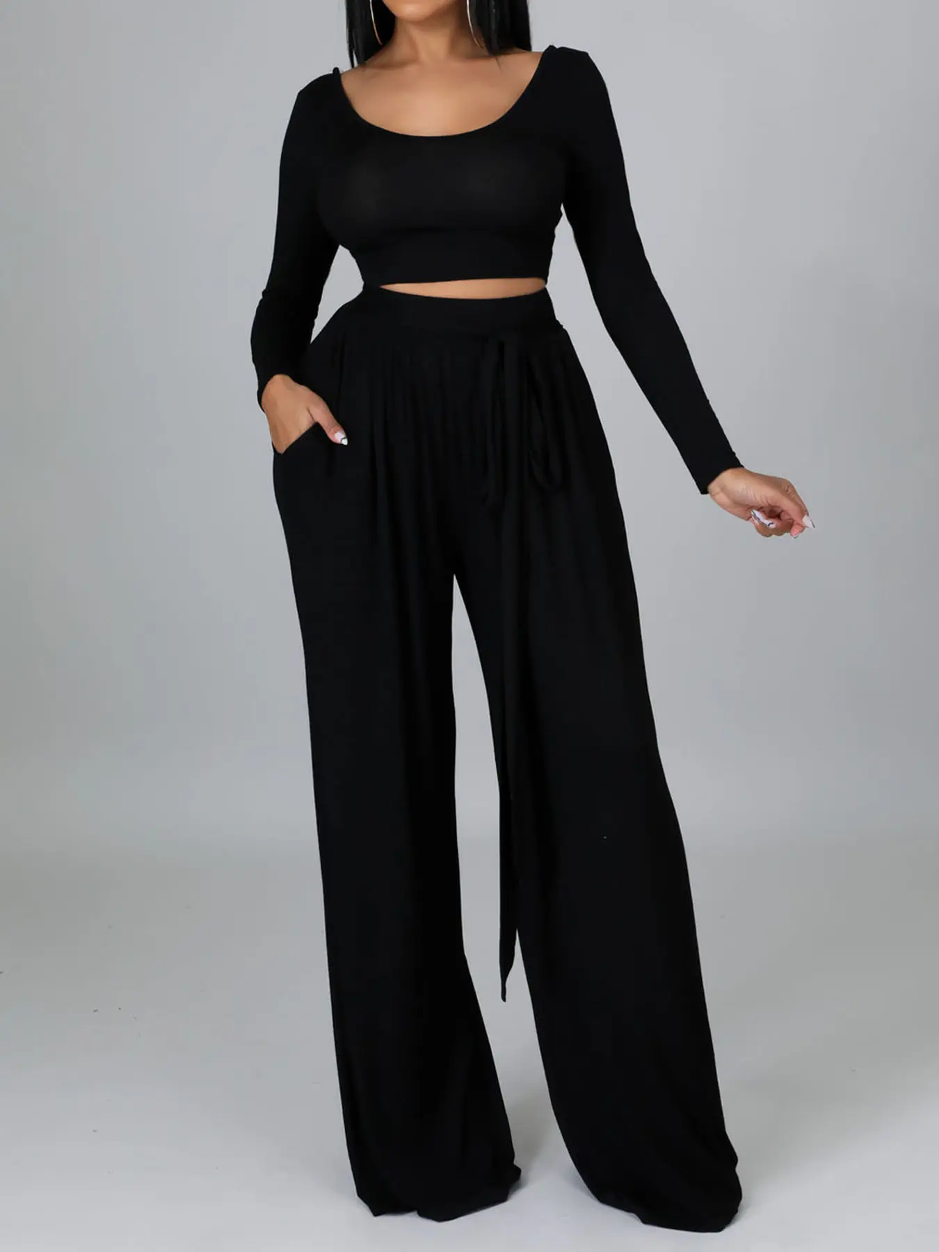 Women's Fashion Basic Casual Set, Plain Round Neck Long Sleeve Crop Top & Elastic Waist Wide Leg Pants with Pockets, Slimming for Daily Wear Outfit