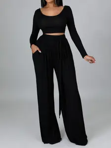 Women's Fashion Casual Set, Plain Round Neck Long Sleeve Crop Top & Elastic Waist Wide Leg Pants with Pockets, Slimming for Daily Wear Outfit
