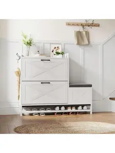 White Narrow Storage Cabinet with 2 Flip Drawers & Padded Seat Cushion, Organizer Rack for Shoe Storage, Entryway, Front Door Foyer, Entryway Storage