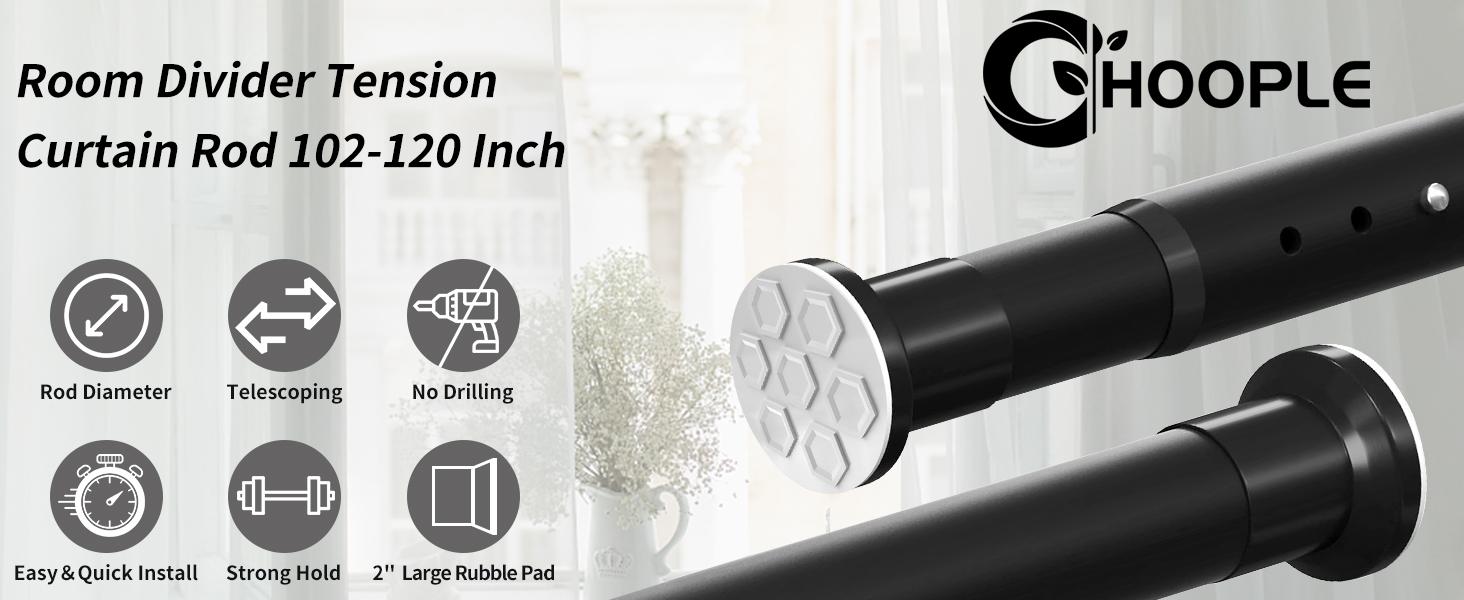 Heavy Duty No Drill Tension Curtain Rod 102-120 Inch, 1.27" Diameter Non-Slip Adjustable Telescoping Rod for Shower Windows Bathroom Bedroom Patio, Renter Friendly