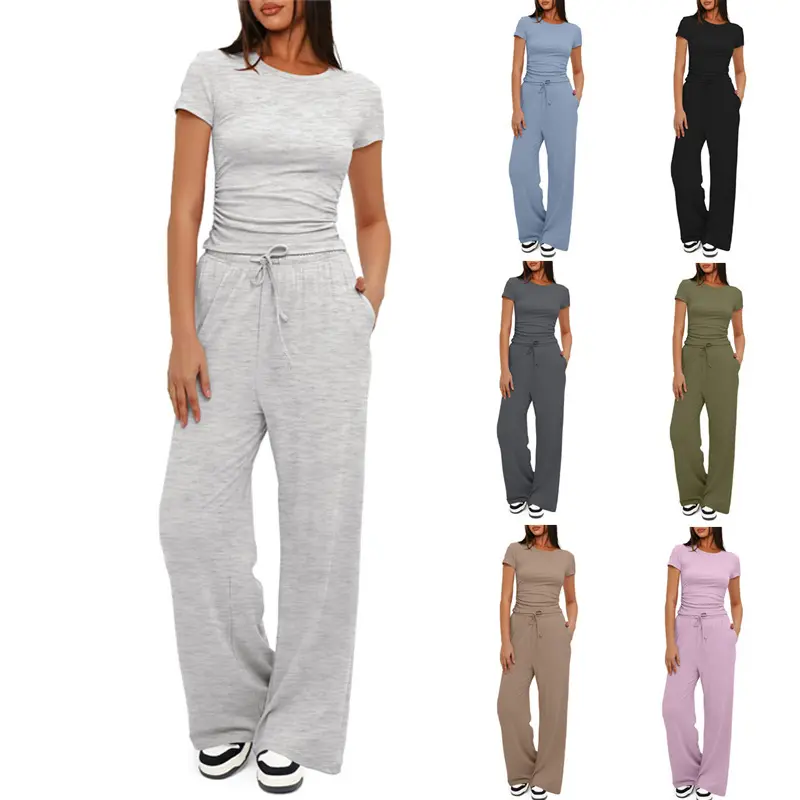 2025 Solid Color Casual Set Ruched Short Sleeve Top High Waist Wide Leg Pants Two Piece Pant Set
