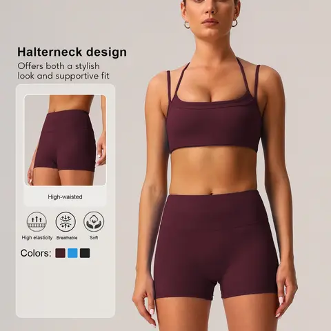 Sodalemon Women's Solid Crop Sports Bra & Shorts Elastic Breathable Sportswear Set, Solid Sports Sets, Casual Comfy Breathable Two-piece Outfits for Yoga Gym Workout Running, Ladies Spring & Fall Clothes, Exercise Clothing