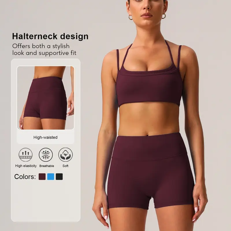 Sodalemon Women's Solid Crop Sports Bra & Shorts Elastic Breathable Sportswear Set, Solid Sports Sets, Casual Comfy Breathable Two-piece Outfits for Yoga Gym Workout Running, Ladies Spring & Fall Clothes, Exercise Clothing