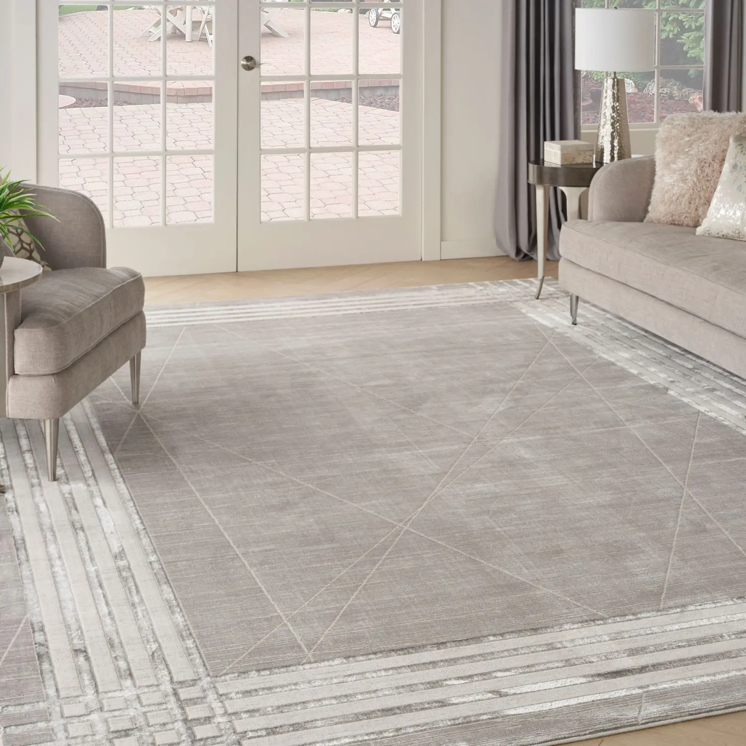 Nourison Desire Decorative Area Rug - Modern Floor Rug with Bordered Linear Pattern, Polyester Yarn, Shimmer Finish, Charcoal Silver Indoor Textile
