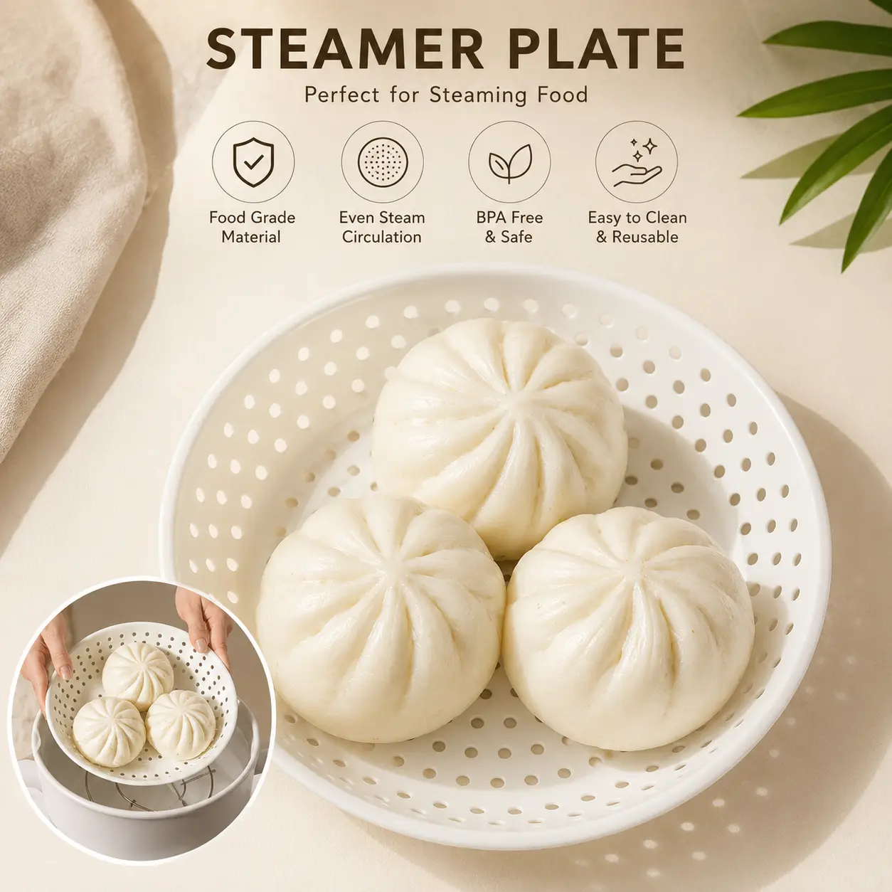 1 Count, White Ceramic Perforated Steamer Plate, 23cm Diameter 4cm Height, Round Colander Tray for Steaming Buns Draining Food Household Kitchen Use