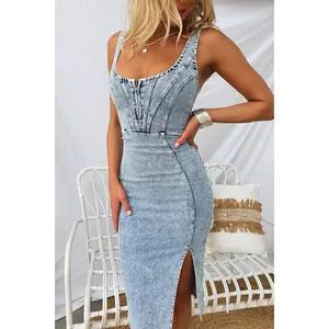Side Slit Washed Scoop Neck Denim Dress