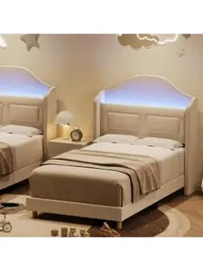 Garvee TWIN Upholstered Toddler Bed with LED Lighting and Storage, Soft Padded Beige Bed Frame Made of Iron, Plywood, and Sponge for Comfortable Sleep