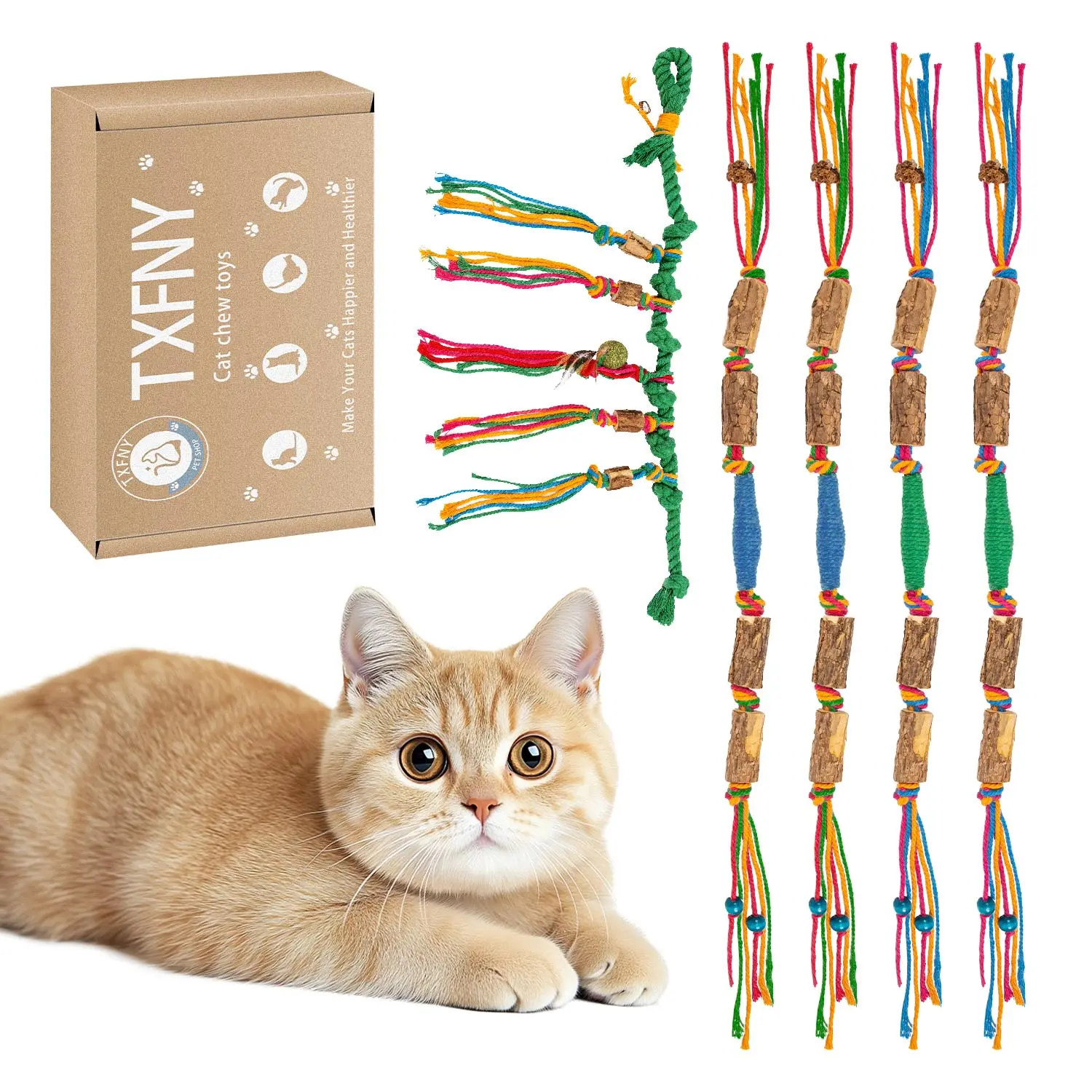 TXFNY Cat Toys Interactive Cat Chew Ropes 5 Pack - Self-Play Bite Toy for Indoor Cats Dental Care & Entertainment Fun Engaging Play Toys Ideal for Indoor Cats chew rope cat toys，Interactive Cat&Dog Toys Wood