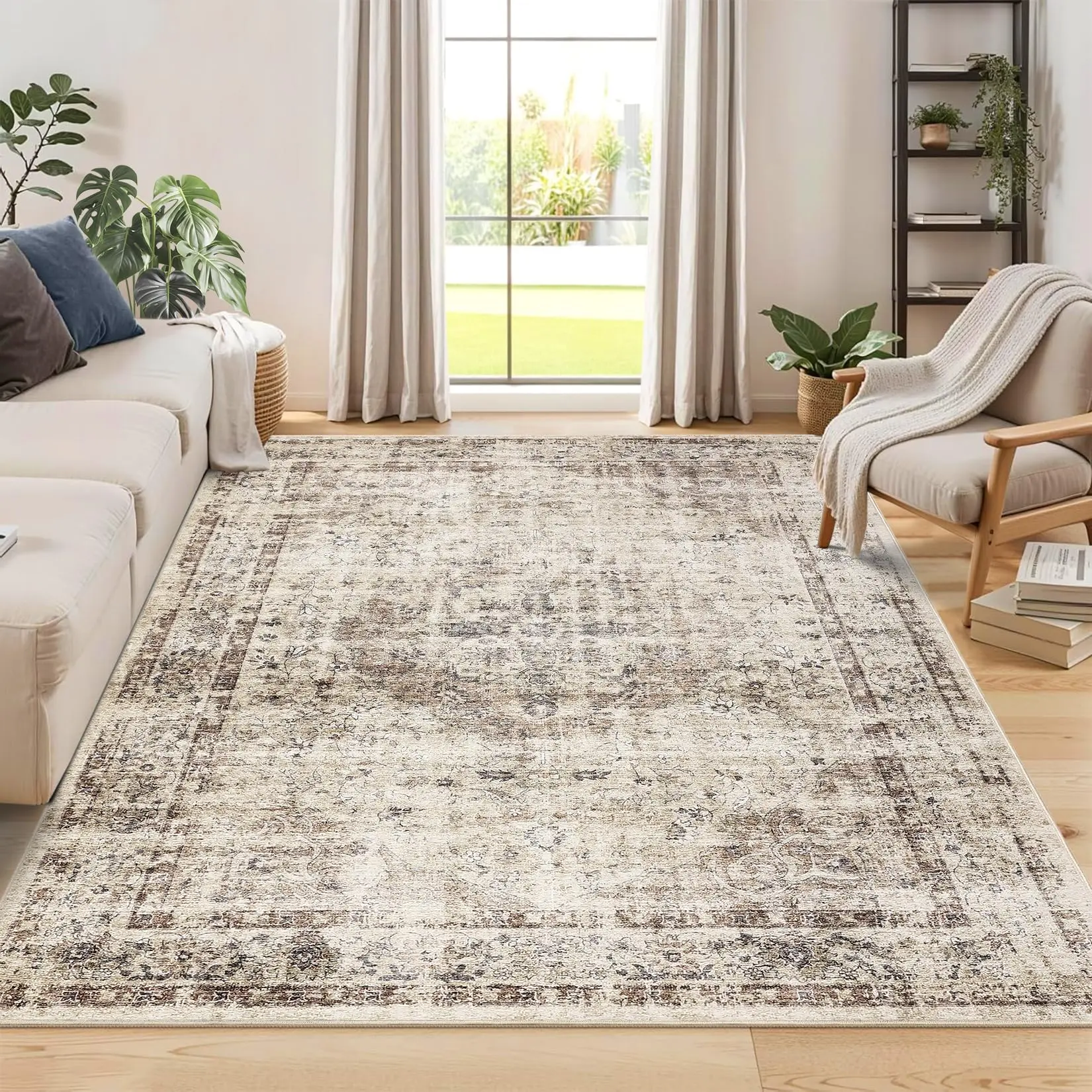 Area Rug 8x10 Washable Brown Rug Vintage Traditional Mat Distressed Indoor Foldable Thin Retro Accent Area Rug Non Slip Floral Carpet for Living Room Dining Office Light Camel