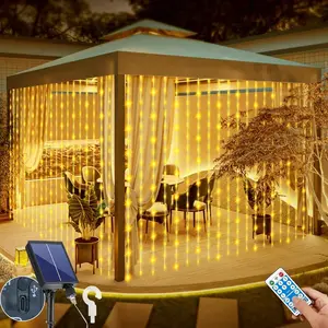 Solar Curtain Lights 10*10Ft 300LED Waterproof Waterfall Light with 8 Modes Remote Type C Charging Dimmable Timer Twinkle Fairy String Lights for Outdoor Christmas Gazebo Wedding Party Pergola Patio
