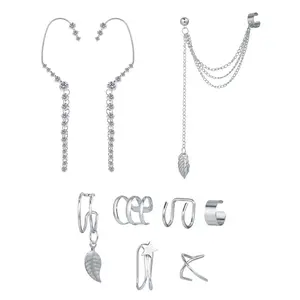 OIDEA Rhinestone Diamond Tassel Chain Ear Cuff Earrings Set for Women, Silver Tone Butterfly Leaf Non-Pierced Cartilage Earrings