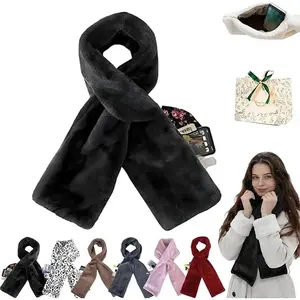 Faux Fur Scarf with Hidden Zipper Pocket, Soft Cozy Warm Pocket Scarf for Hands-Free Storage Phone, Valuables