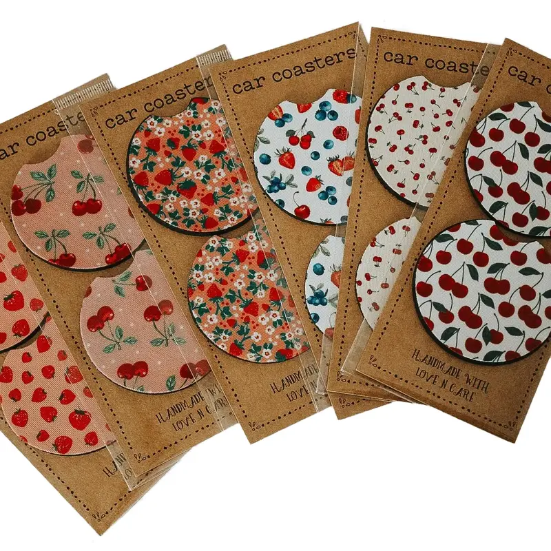 Fruit Car Coasters, Strawberries and Cherry, Set of 2, Cute Aesthetic Car Coasters, Car Gadgets and Accessories Girly