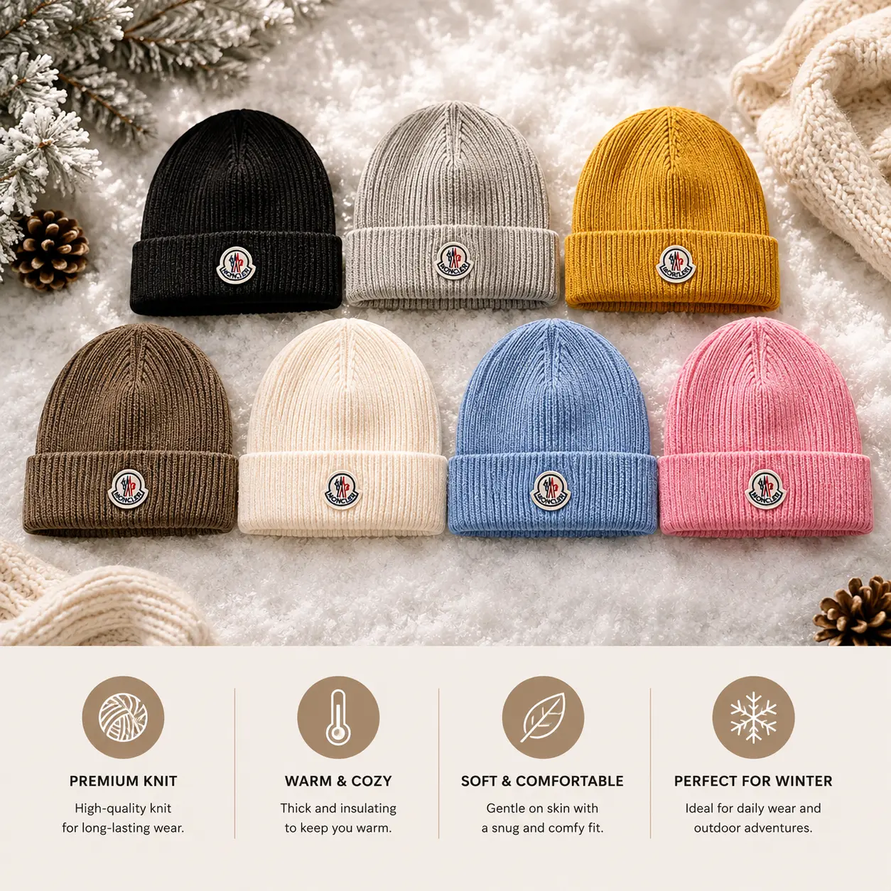 Moncler Winter Beanie Unisex | Premium Ribbed Knit Hat, Warm Soft Stretch Skull Cap, Old Money Style, Y2K Fashion, TikTok Trending Winter Accessory | Ski Snow Essential
