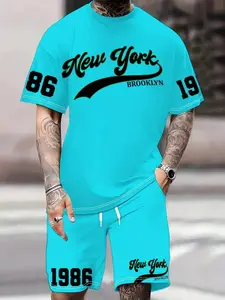 Men's Short Sleeve Shorts Two-Piece, New York Brooklyn Vintage Print Summer Street Set, Streetwear