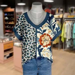 Cherrybetty Vintage Floral Print V-Neck Leopard T-Shirt Blue Fashion Womenswear Clothes Top vintage graphic tees casual outfits women's funny graphic tees cute summer outfit Contrasting colors Overall light boho flowy tops T-shirt for Teachers and Moms Ou