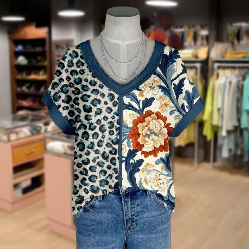 Cherrybetty Vintage Floral Print V-Neck Leopard T-Shirt Blue Fashion Womenswear Clothes Top vintage graphic tees casual outfits women's funny graphic tees cute summer outfit Contrasting colors Overall light boho flowy tops T-shirt for Teachers and Moms Ou