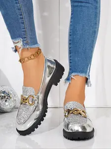 Minimalist Chain Design Slip-On Loafers, Trendy Slip-On Loafers with Unique Metal Chain, Fashionable Daily Wear Shoes