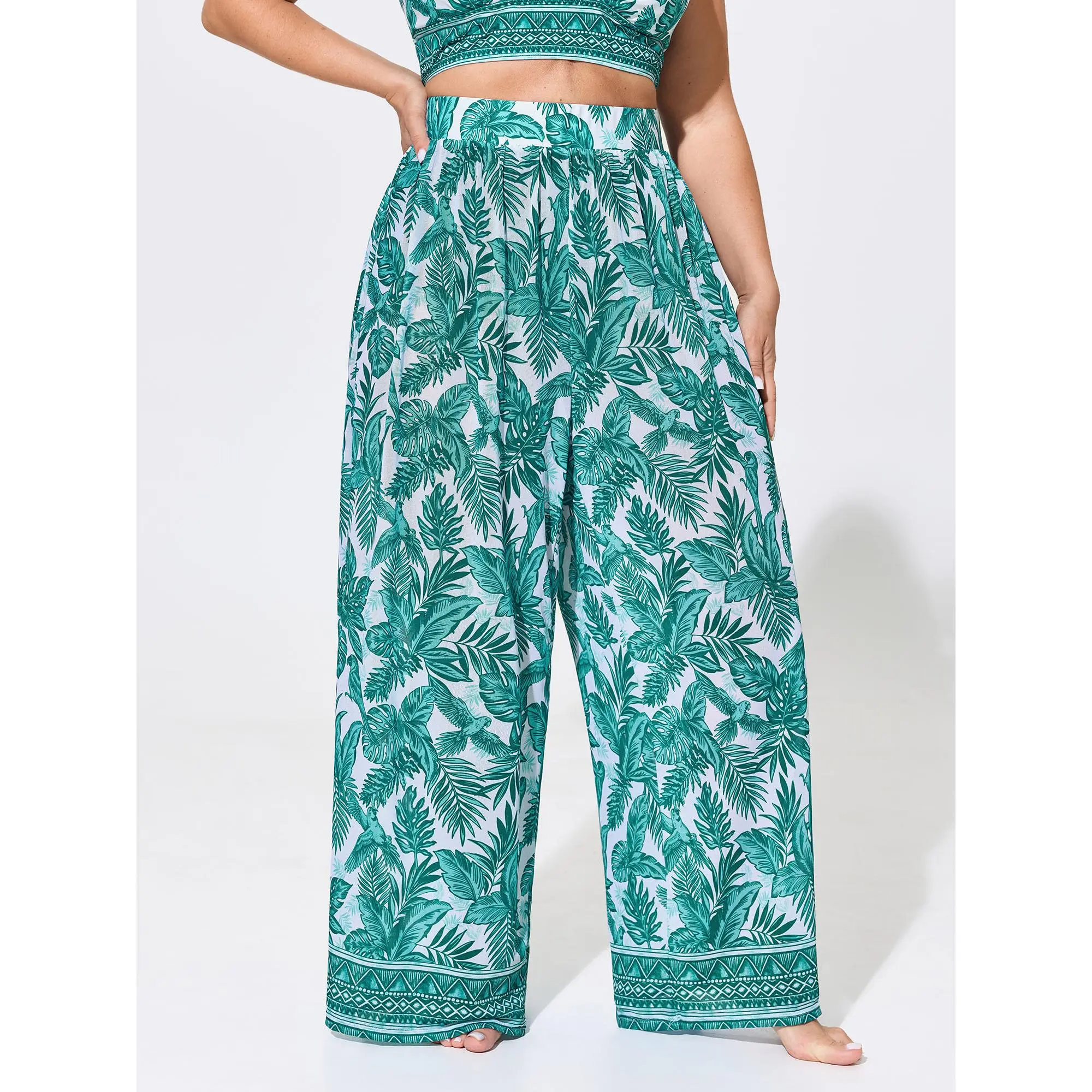 BLOOMCHIC Plus Size Two-Piece Tropical Print Sheer Wide-Leg Swim Bottoms M-6X,Summerfinds