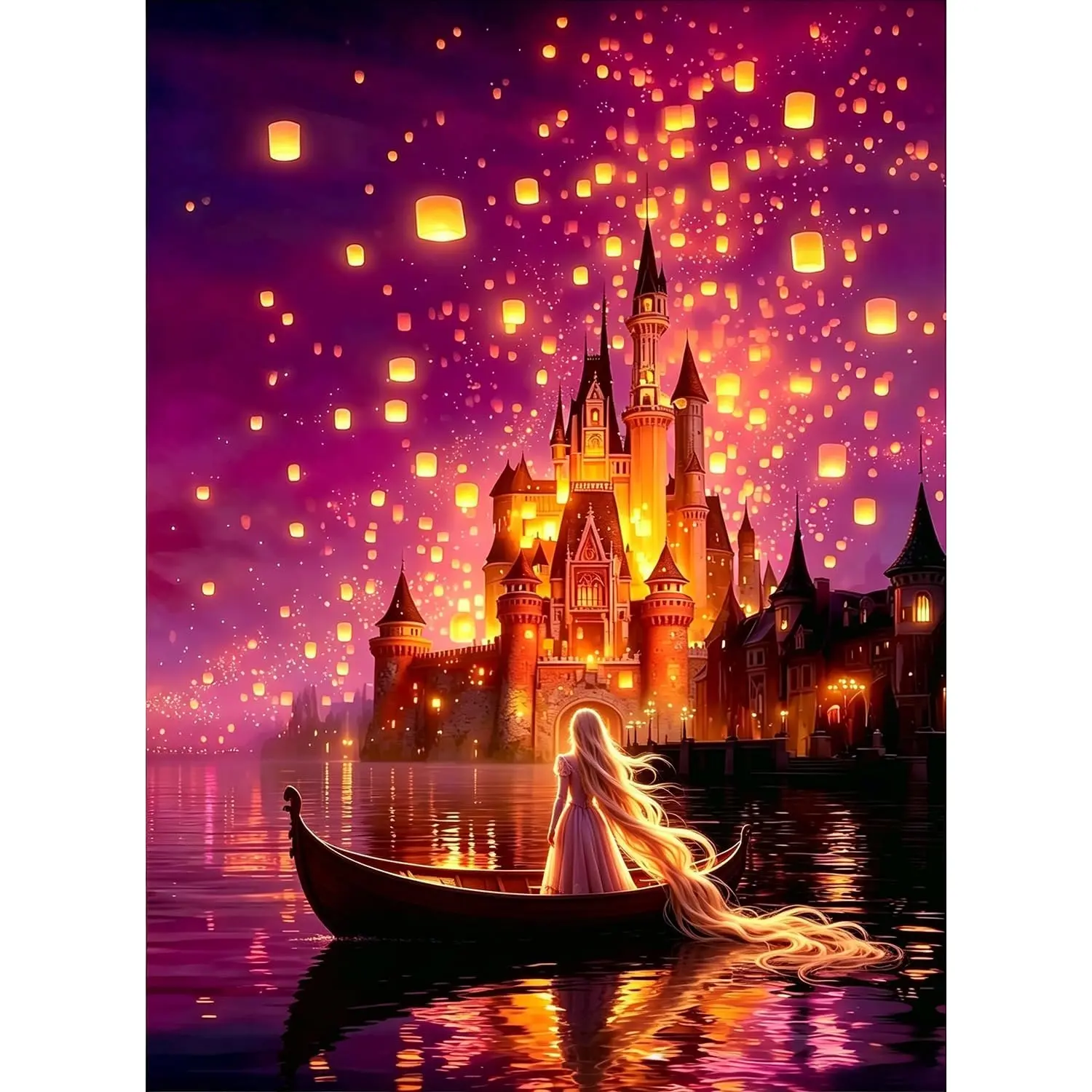 5D Full Drill Diamond Painting, Fantasy Castle with Sky Lanterns & Water Reflection, Magical Purple Night Scenery DIY Wall Art
