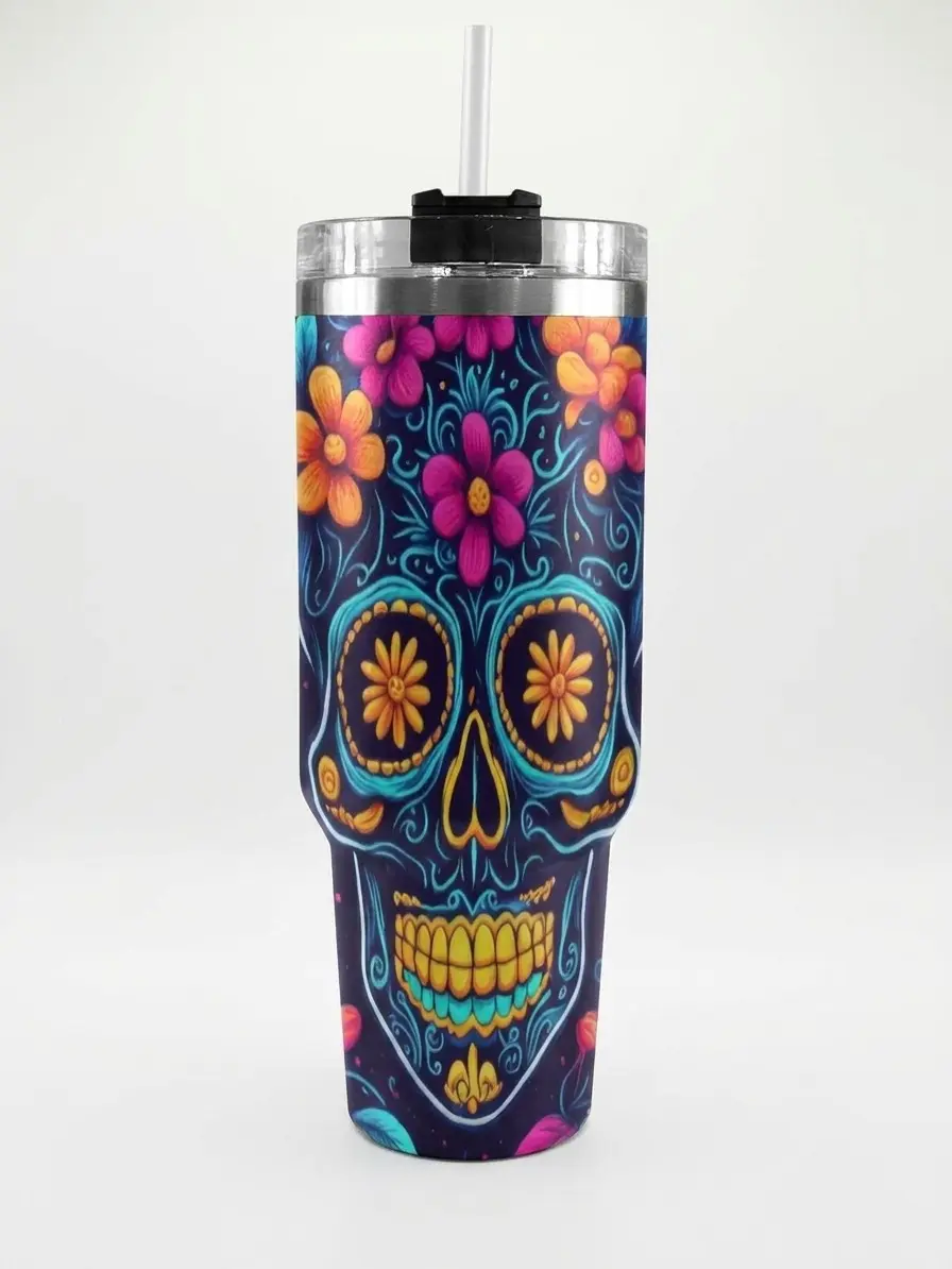 Stylish 40oz Sugar Skull Stainless Steel Vacuum Flask - Portable Insulated Water Bottle with Handle, Day of the Dead Floral Art Travel Mug, Mexican Dia De Los Muertos Gift for Women