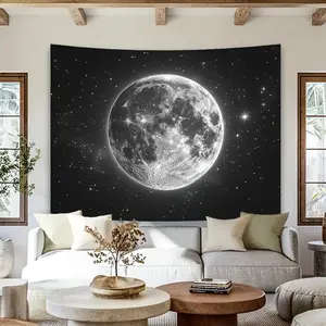 1pc Glam Style Polyester Moon Wall Tapestry, Realistic Large White Moon on Black Starry Sky Backdrop, Versatile Decor for Living Room, Bedroom, Office, Party - No Electricity Needed, Featherless, Living Room Decor |     Glamorous Style |     Artistic Touc