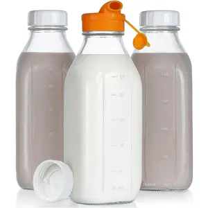32 oz Empty Milk with Dispenser Cap, Clear with Leak Lid and Mark, Reusable Jars for Juice, Milk, Iced Tea, Set of 3