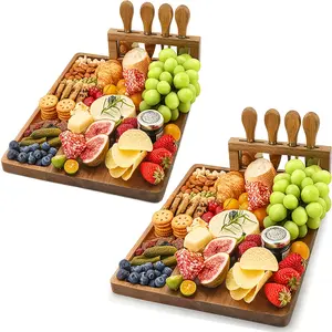 2/1 Sets Of Wood Cheese Board Set-Charcuterie Sets, Cheese Tray, Appetizer Board And Meat Platter With 4 304Stainless Steel Cheese Knives, Easy To Carry, Perfect For Wedding Gifts, Christmas Birthday Parties, Halloween Gifts, Kitchen