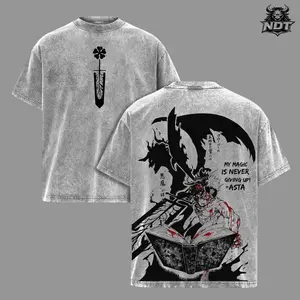 Asta Tee Washed – Black Clover Vintage Washed Heavy Cotton Oversized Anime Manga T-Shirt, Hoodie Double Printed Retro Unisex Streetwear Graphic Top, Anti-Magic Devil Power Edition, Hoodie Available