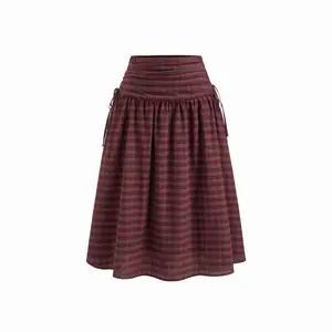 Cider Cotton Mid Rise Plaid Bowknot Ruched Midi Skirt