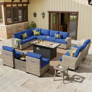 POUUIN 13-Piece Modern L-Shaped Woven Texture Fire Pit Outdoor Sectional Patio Furniture Set, Multi-Seat Conversation Set with Extra-Deep Sofa and Swivel Chairs