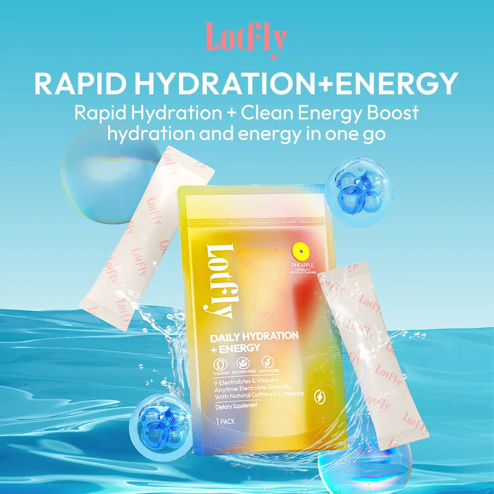 LOTFLY RAPID HYDRATION+ENERGY – 9 Electrolyte Blend Powder | Convenient Single-Serve Stick Pack | Orange, Lemon & Pineapple Flavors | 0 Sugar, 0 Fat