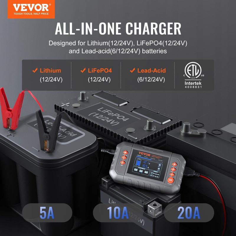 VEVOR Smart Battery Charger, 20-Amp, Lithium LiFePO4 Lead-Acid (AGM / Gel / SLA) Car Battery Charger with LCD, Trickle Charger Maintainer Desulfator for Boat Motorcycle Lawn Mower Deep Cycle