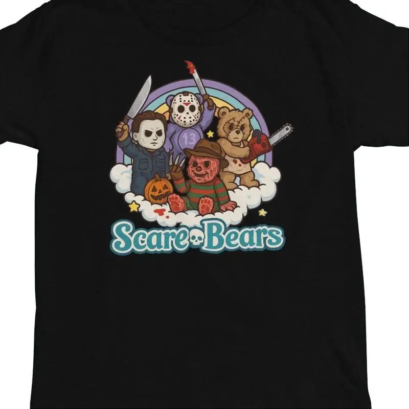 Men's Scare Bears T-Shirt with Iconic Characters, Vintage Vibe 100% Cotton Tee with Colorful Rainbow Graphic for Spooky Halloween, Stylish, Casual