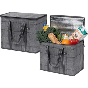 2 Pack Insulated Cooler Bag and Insulated Grocery Bags for Food Delivery, Collapsible Reusable Shopping Bags for Groceries with Hard Bottom, Zippered, Foldable, Heavy-Duty (Windowpane)