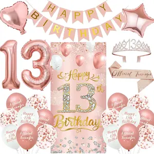 13th Birthday Decorations for Girls, Rose Gold Happy 13th Birthday Banner Teenager Sash & Crown Balloons Kit, Pink 13 Years Old Party Yard Door Wall Backdrop Background