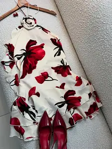 Vintage Rose Print Halter Criss Cross Backless Top, Sexy Back Design, Multi-Layer Ruffle Hem, Party Dress, French Romantic Style, Floral, Fitted